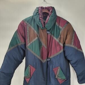 Vintage Down Fill Long Puffer Coat S Blue Red  Geometric Colorblock High Collar